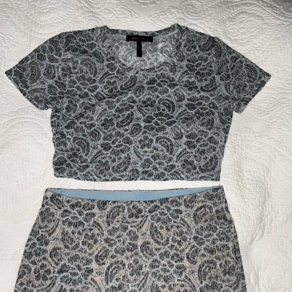 BCBGMaxAzria Black and silver lace set top and skirt